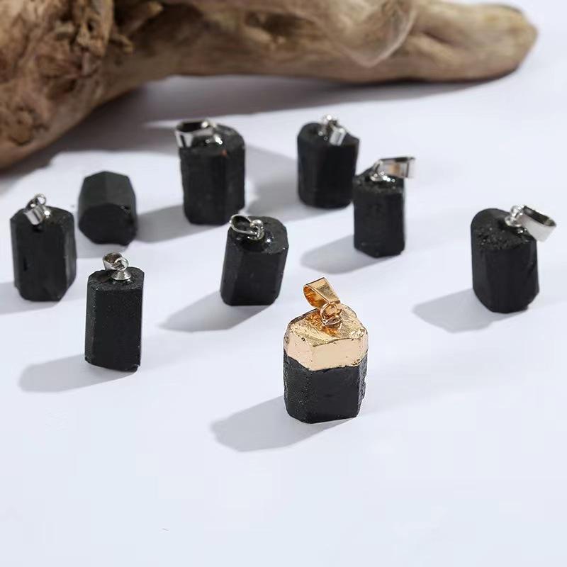 Black Tourmaline Raw Electroplated Gold Pendant 