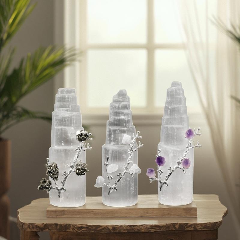 Natural White Selenite Tower With Raw Gravel Gemstones Flower 