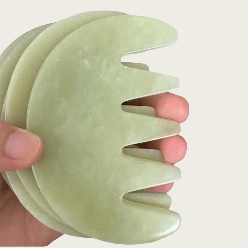 Green Jade Moon Shape Scraping Massage Hair Comb 5-tooth comb 