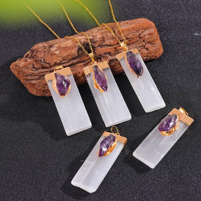 Natural Gypsum Stone Plus Crystal Pendant Necklace