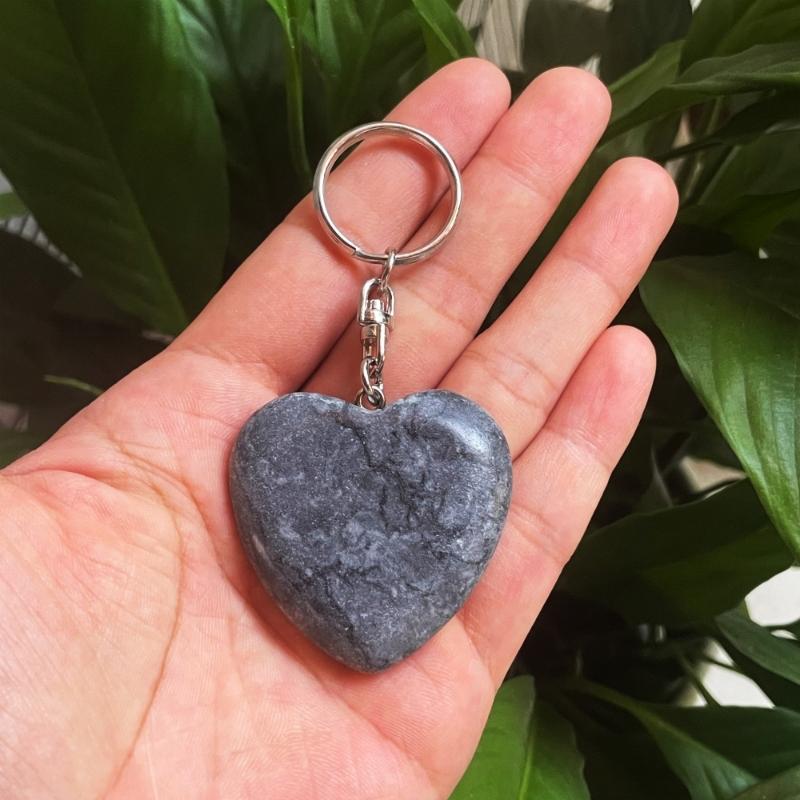 Polished Natural Marble Heart Keychain Stainless Steel