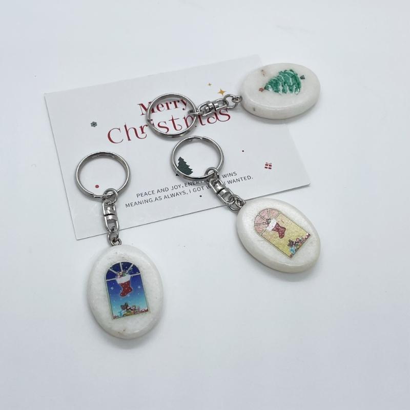 White Marble Oval Keychain with Colorful Printing 